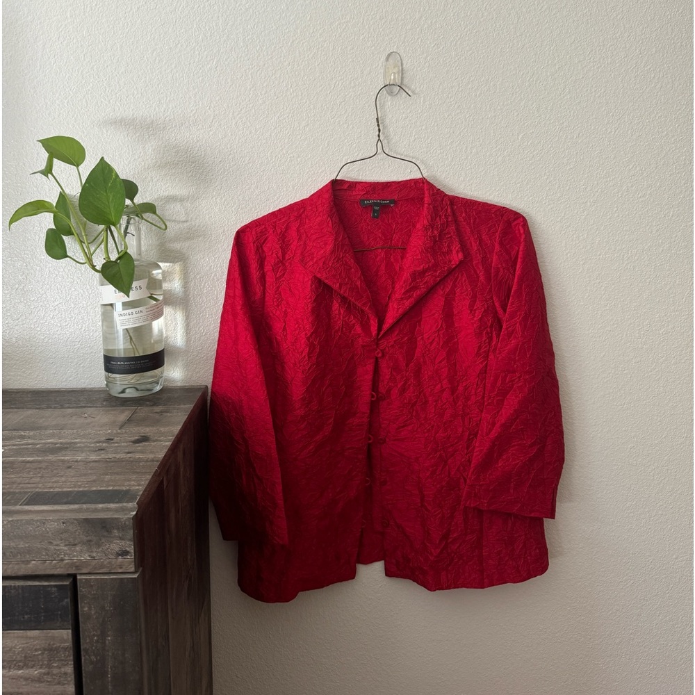 Eileen Fisher Blazer Jacket Red Crinkle Silk Open 3/4 Sleeve